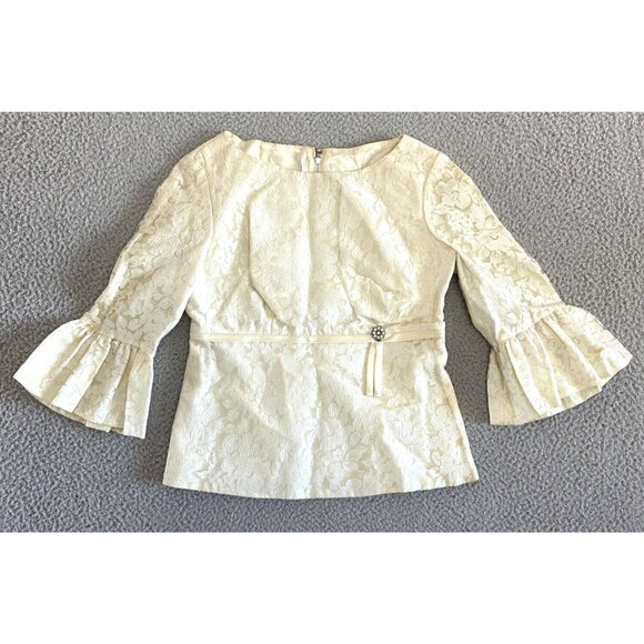 Vintage 60s Top Organza Brocade Flutter Sleeve Cream Regency Victorian - Picture 1 of 6